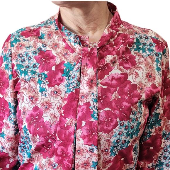 VNTG 80s Bright Floral Silky Tapestry Blouse M Nehru Collar Romantic Coquette - Picture 2 of 8